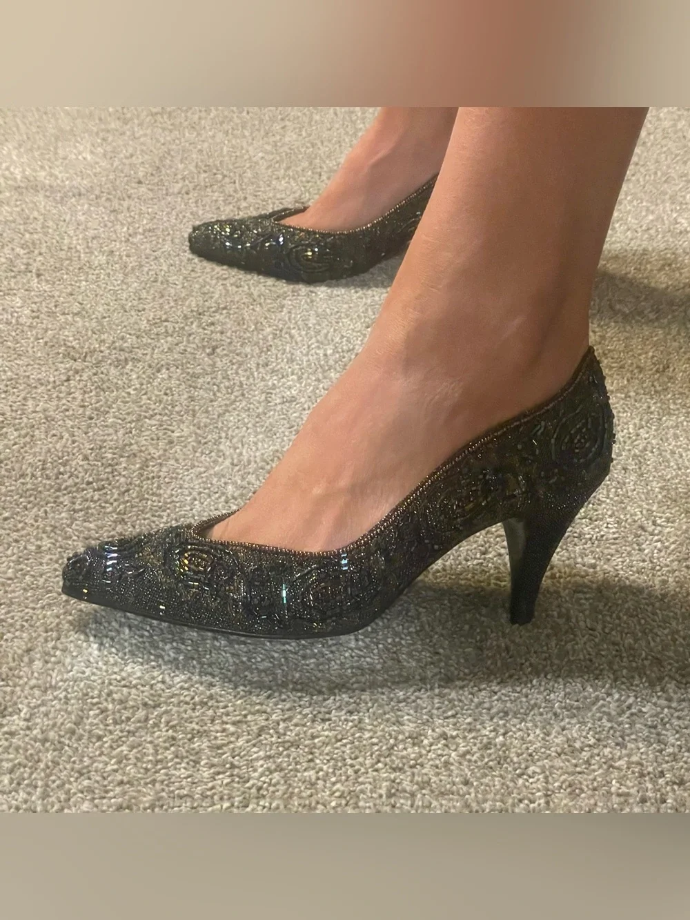 VINTAGE 80s Impo Beaded Iridescent Paisley Pointed Toe Evening Pumps Heels 7